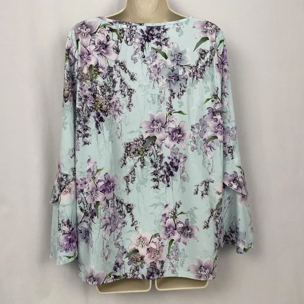 Belle Kim Gravel Top Large Blue Floral Flutter Sleeve Pastel Garden Boho A307916 - Picture 6 of 13